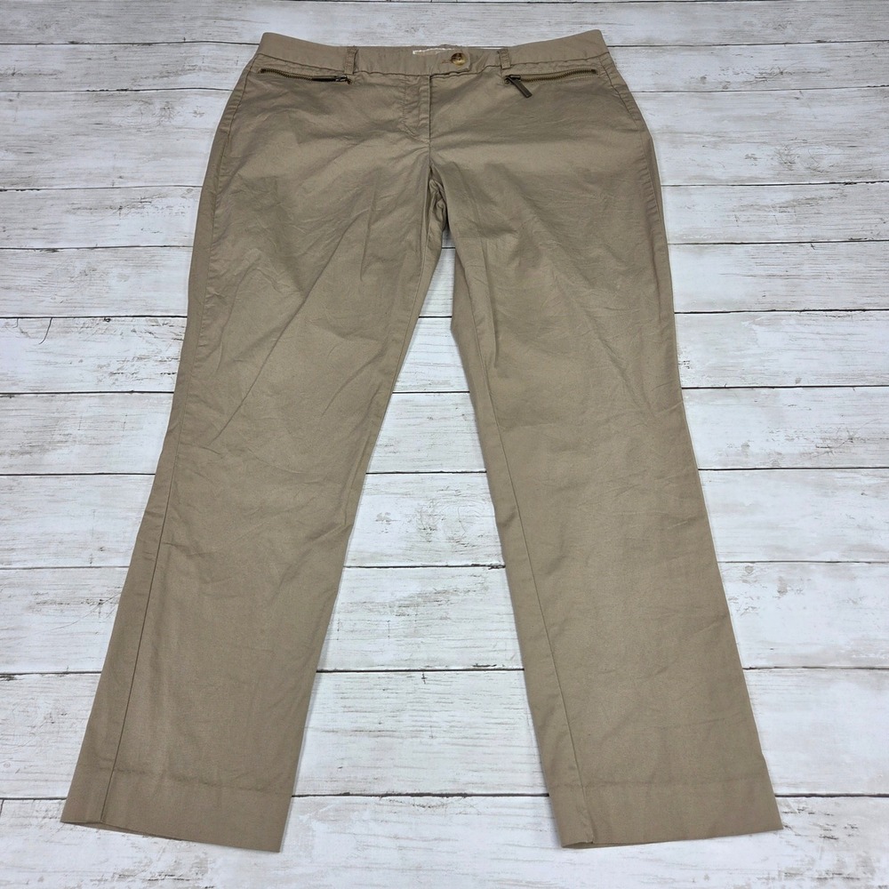Michael Kors Straight Leg Zip Trousers Womens 12P Khaki Tan Stretch Cotton